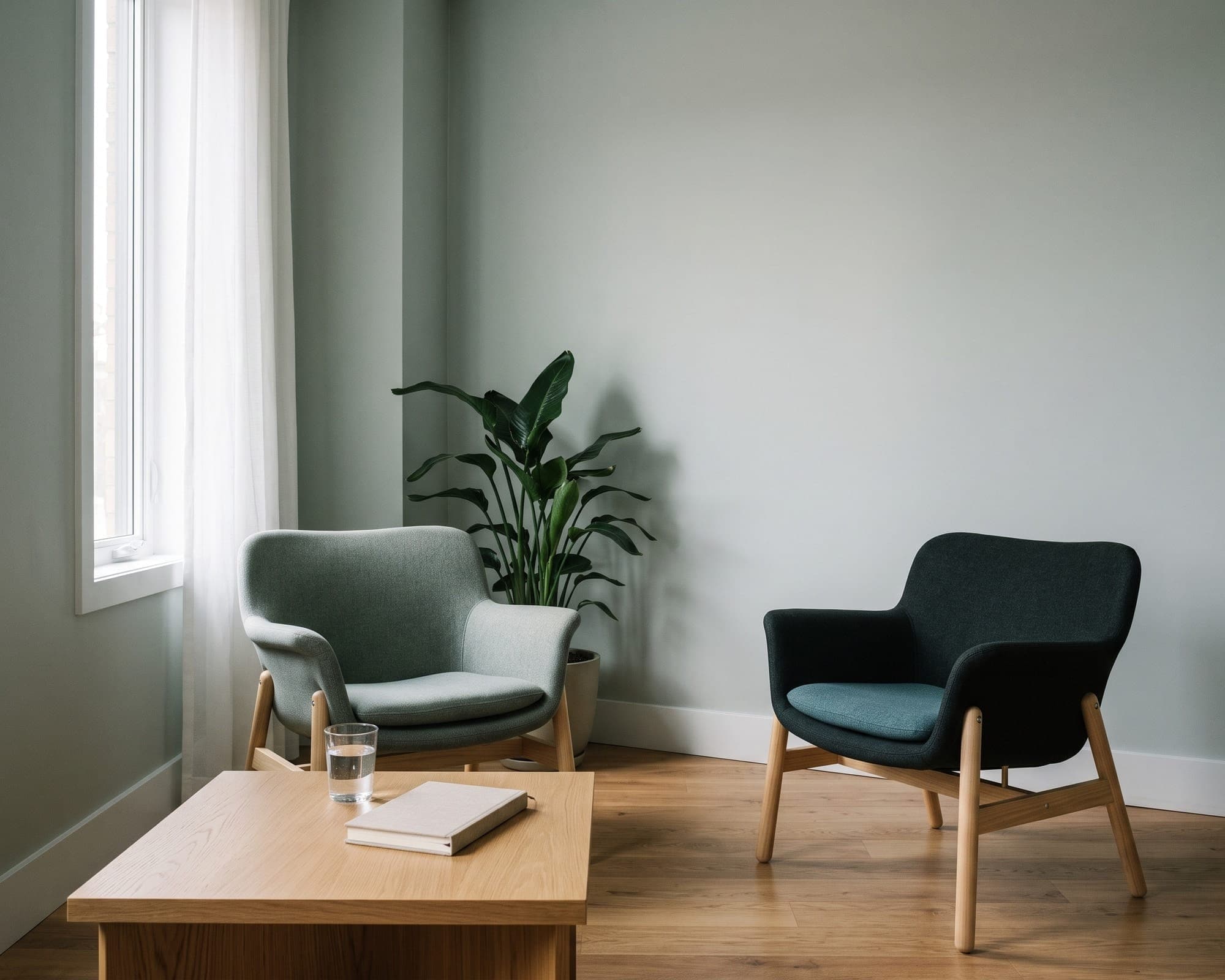 A consultation room with two armchairs angled toward each other beside a window.
