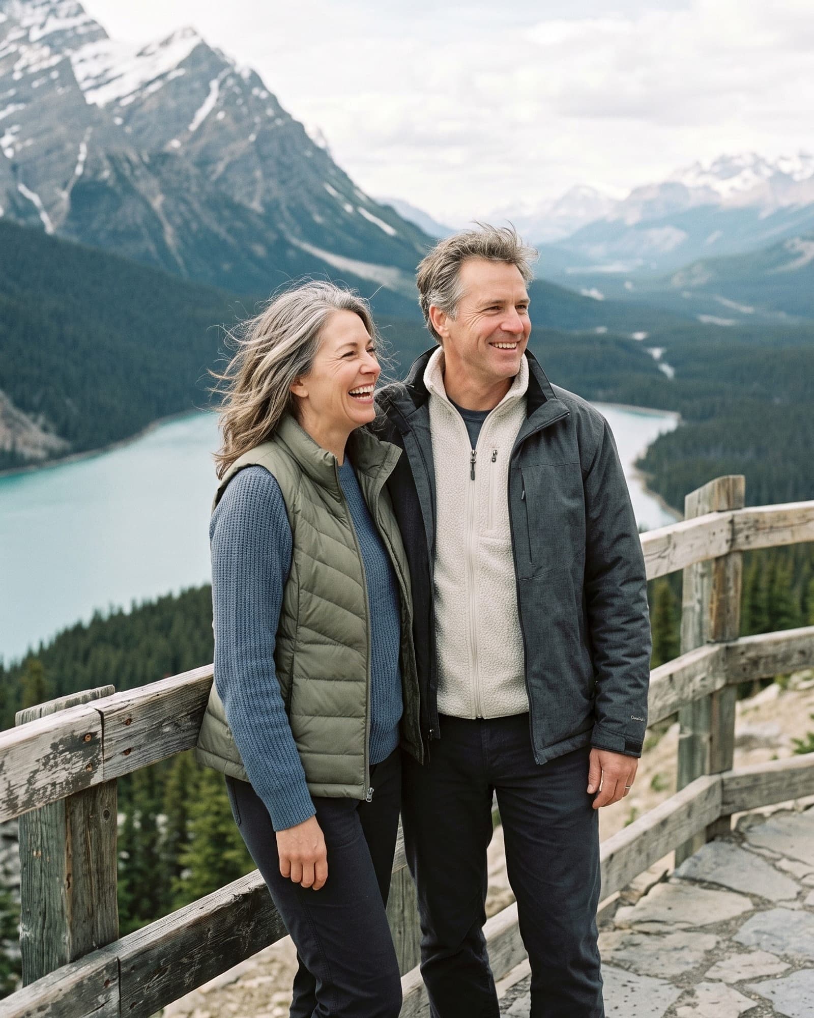 A couple around fifty laughing together at a lakeside lookout with mountains behind them.