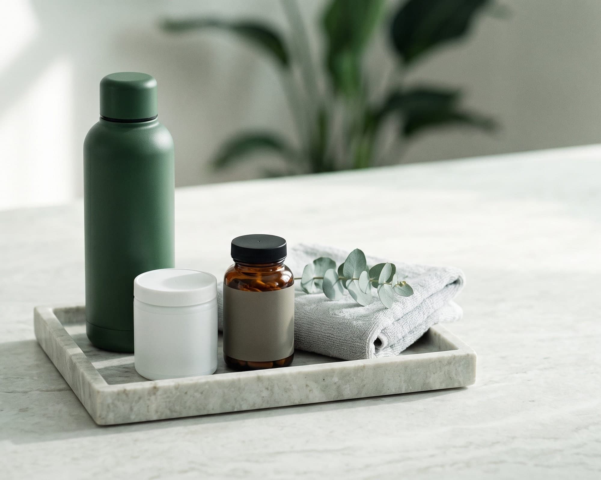 Unlabelled supplement bottles, a green water bottle, and a folded towel on a stone tray.