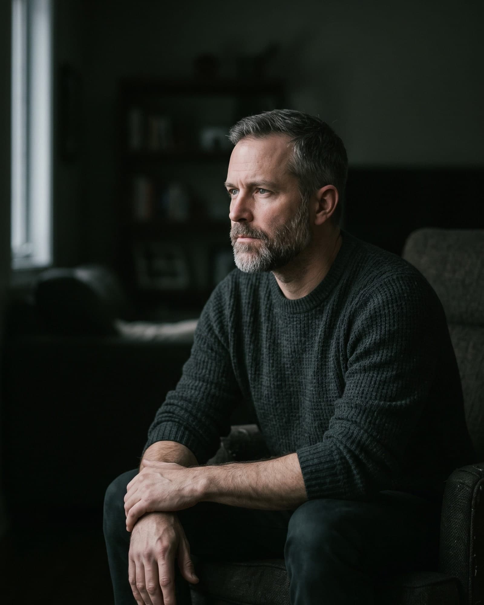 A man in his forties seated in low evening light, forearms on his knees, looking to one side.
