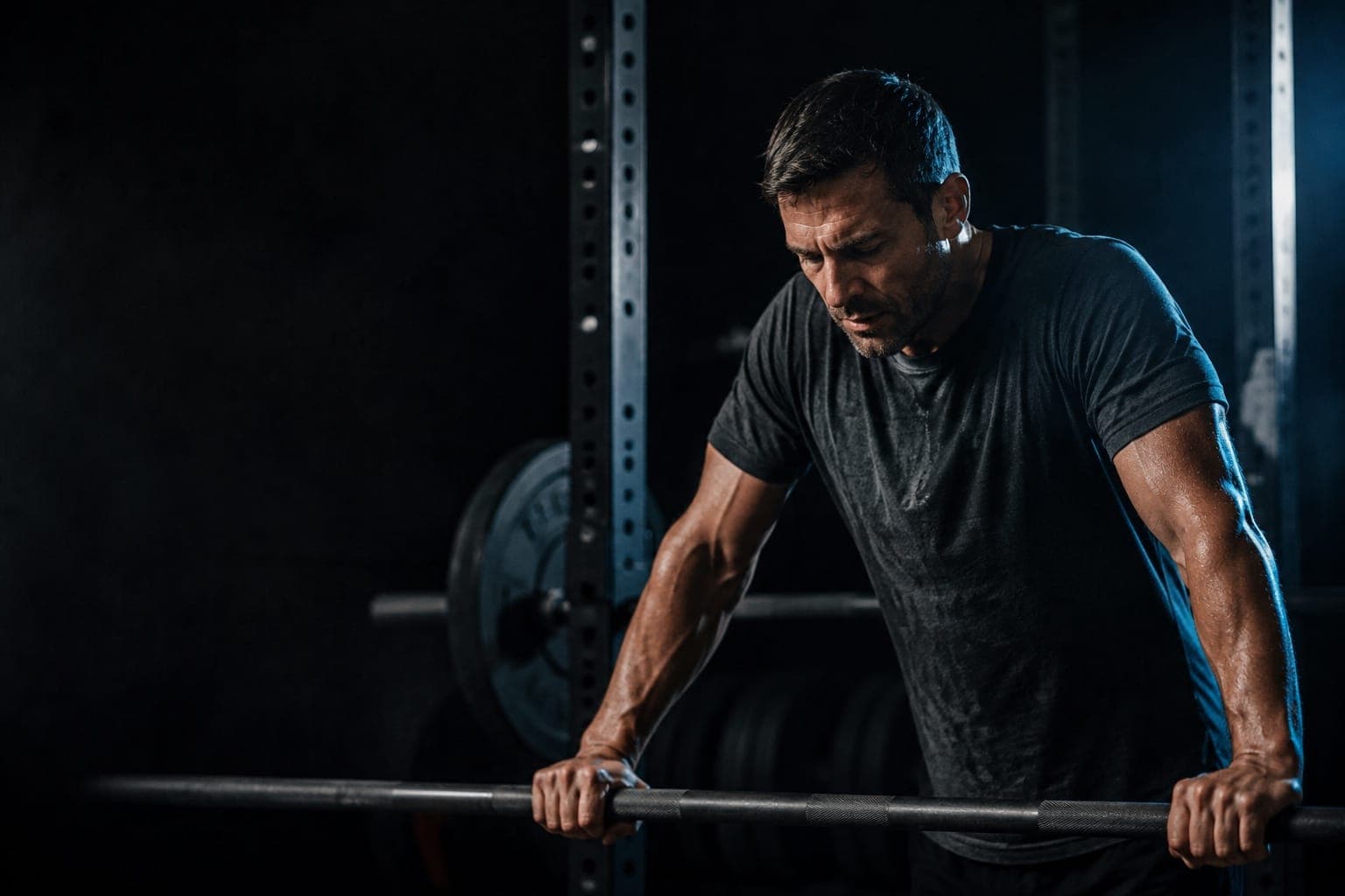 A man in his forties braced on a barbell after a hard set, head down, breathing and recovering.