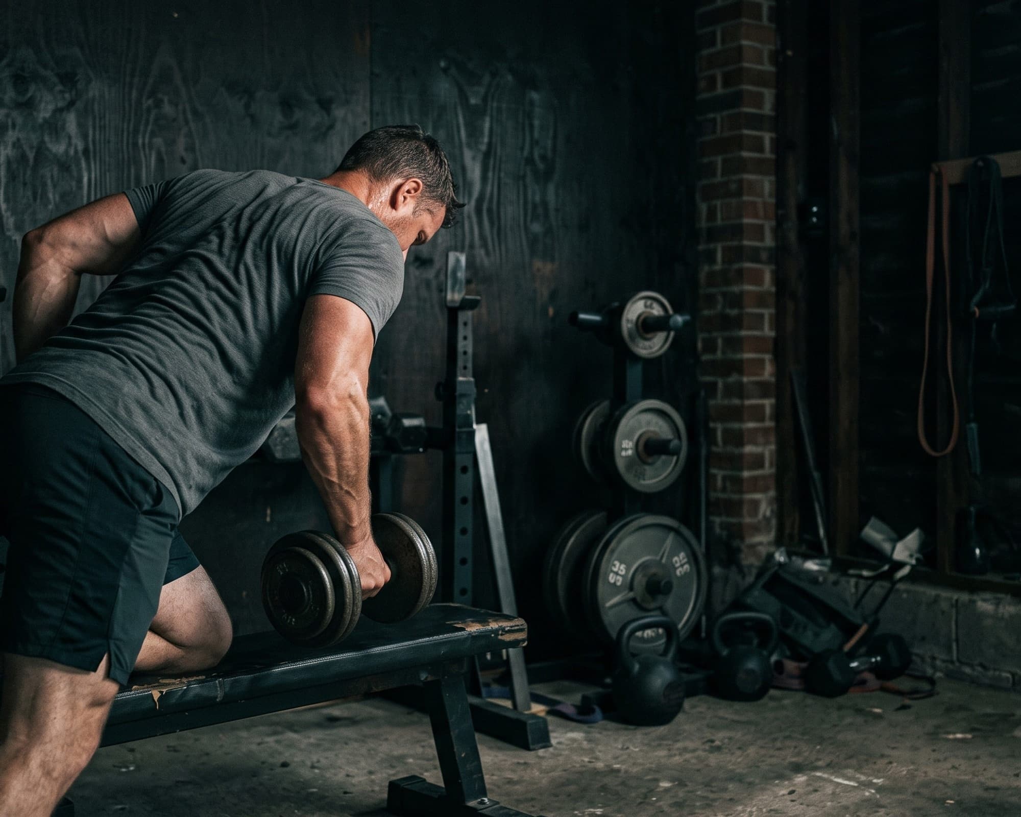 A man training with dumbbells in a home gym, seen from behind in raking window light.