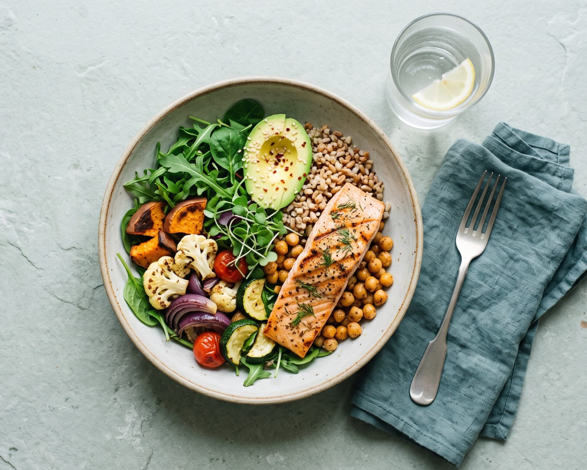 A balanced meal in a ceramic bowl photographed from above on a pale stone surface.