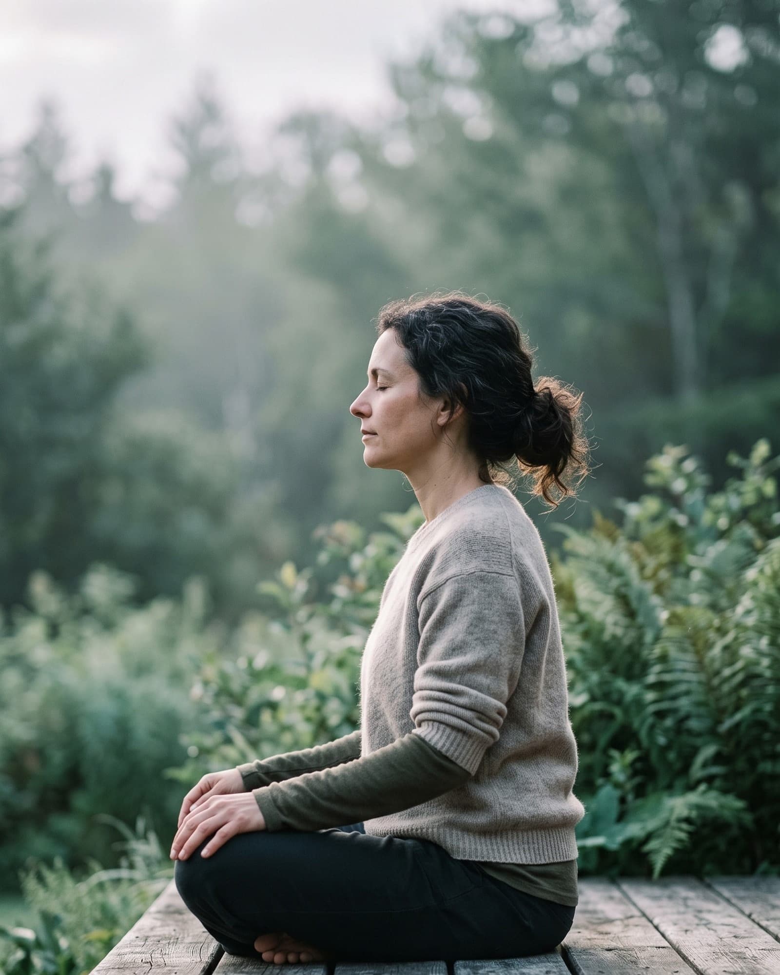 A woman sitting cross-legged on a deck outdoors in the early morning, eyes closed.
