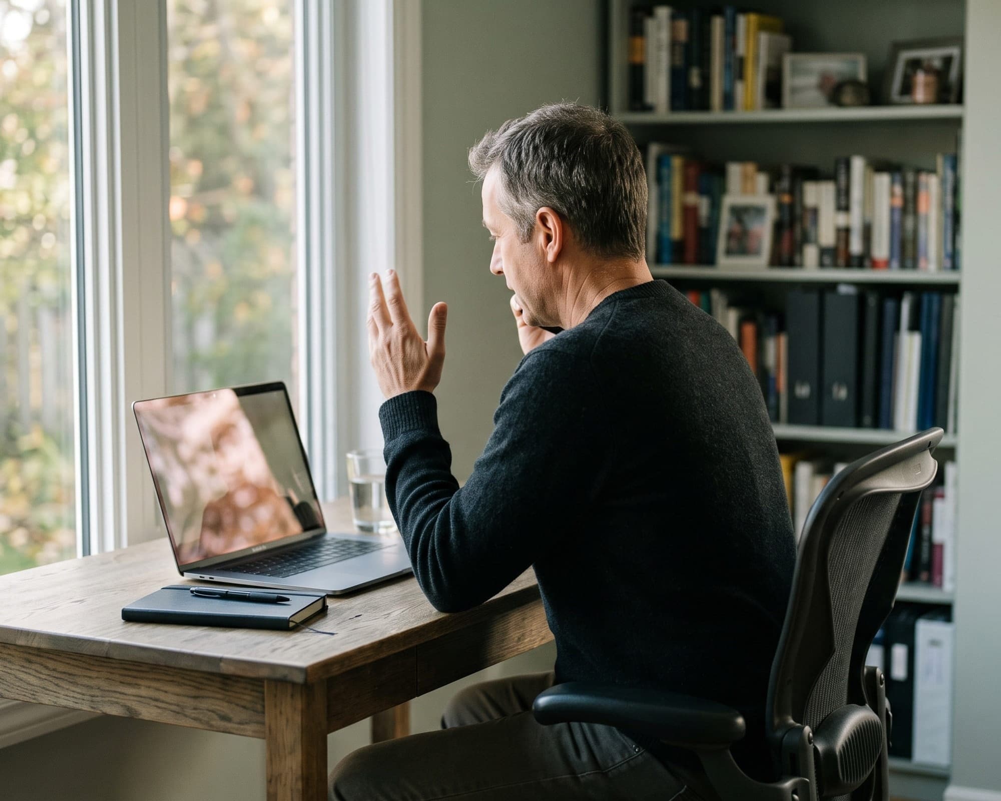 A man on a video call with a coach, laptop open on a desk by a window.
