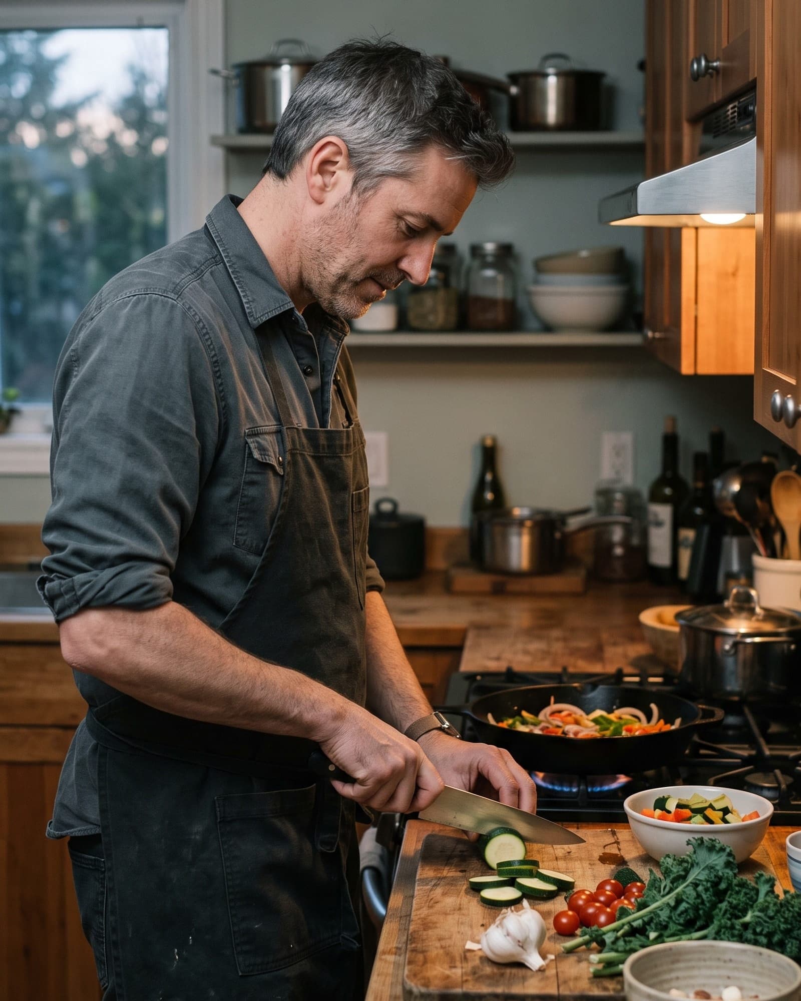 A man cooking at his kitchen counter in the evening, slicing vegetables on a wooden board.