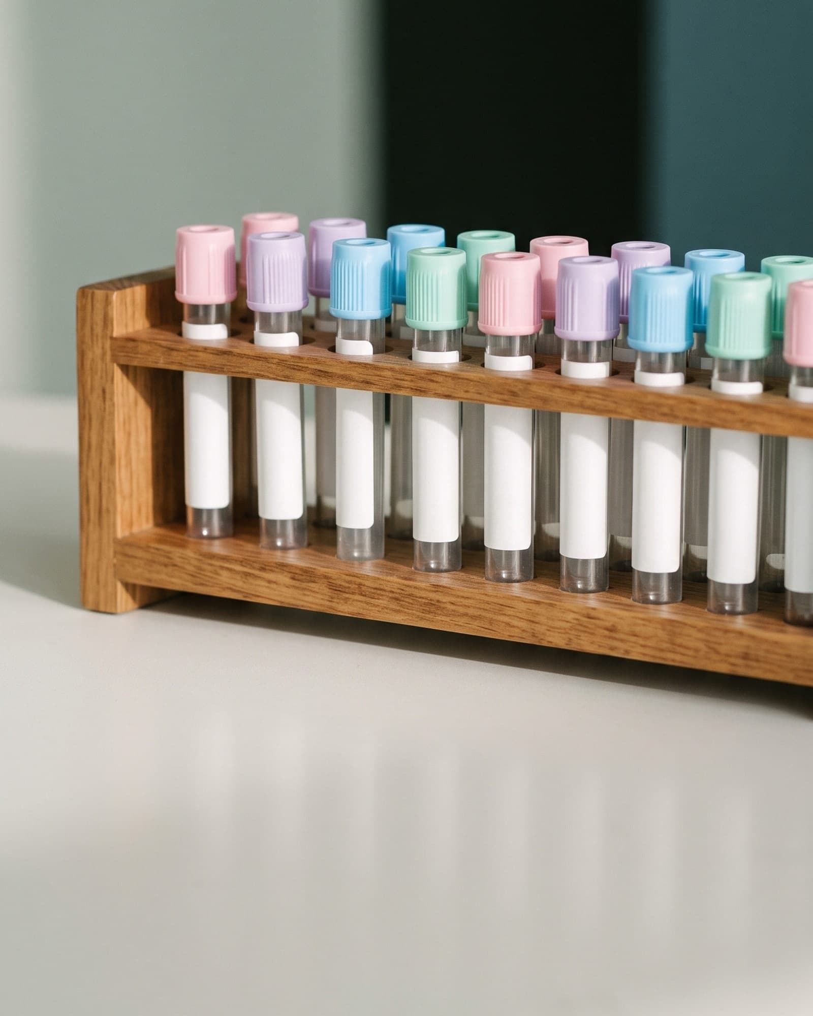 A wooden rack of collection tubes with pastel caps on a clean pale surface.