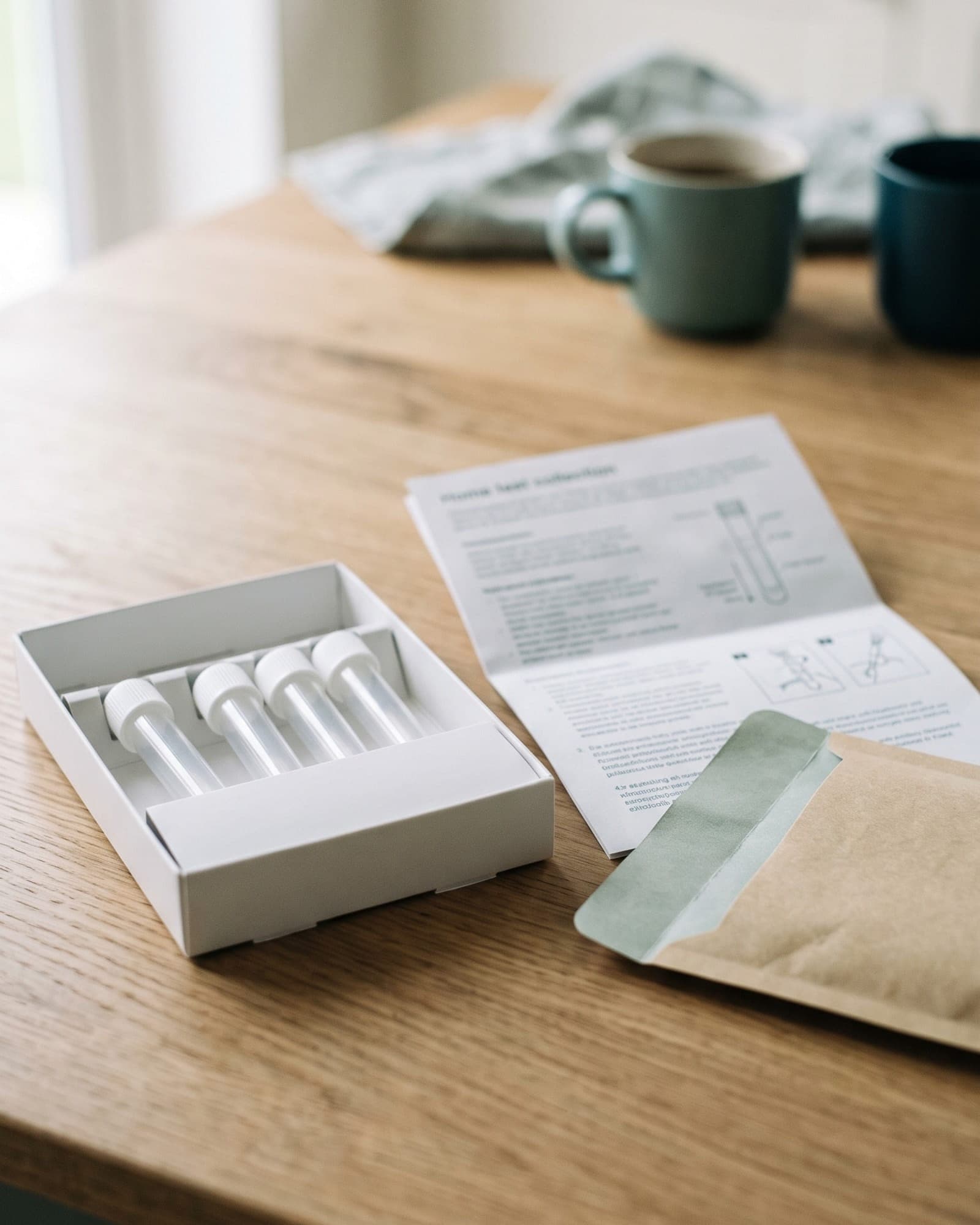 A home test collection kit with small tubes and a return envelope on a kitchen table.