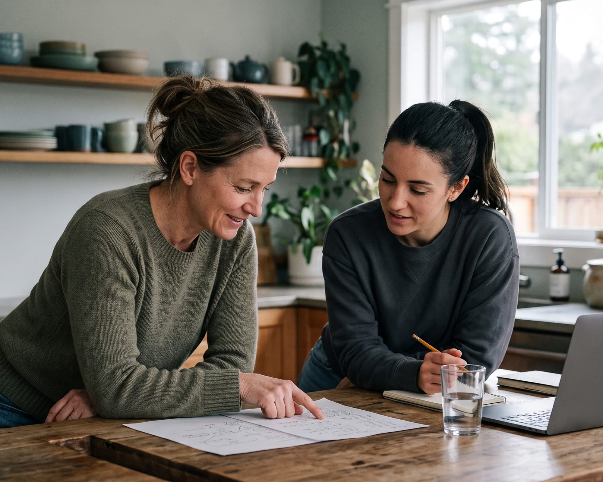 Two women reviewing a plan together on a sheet of paper at a kitchen counter.