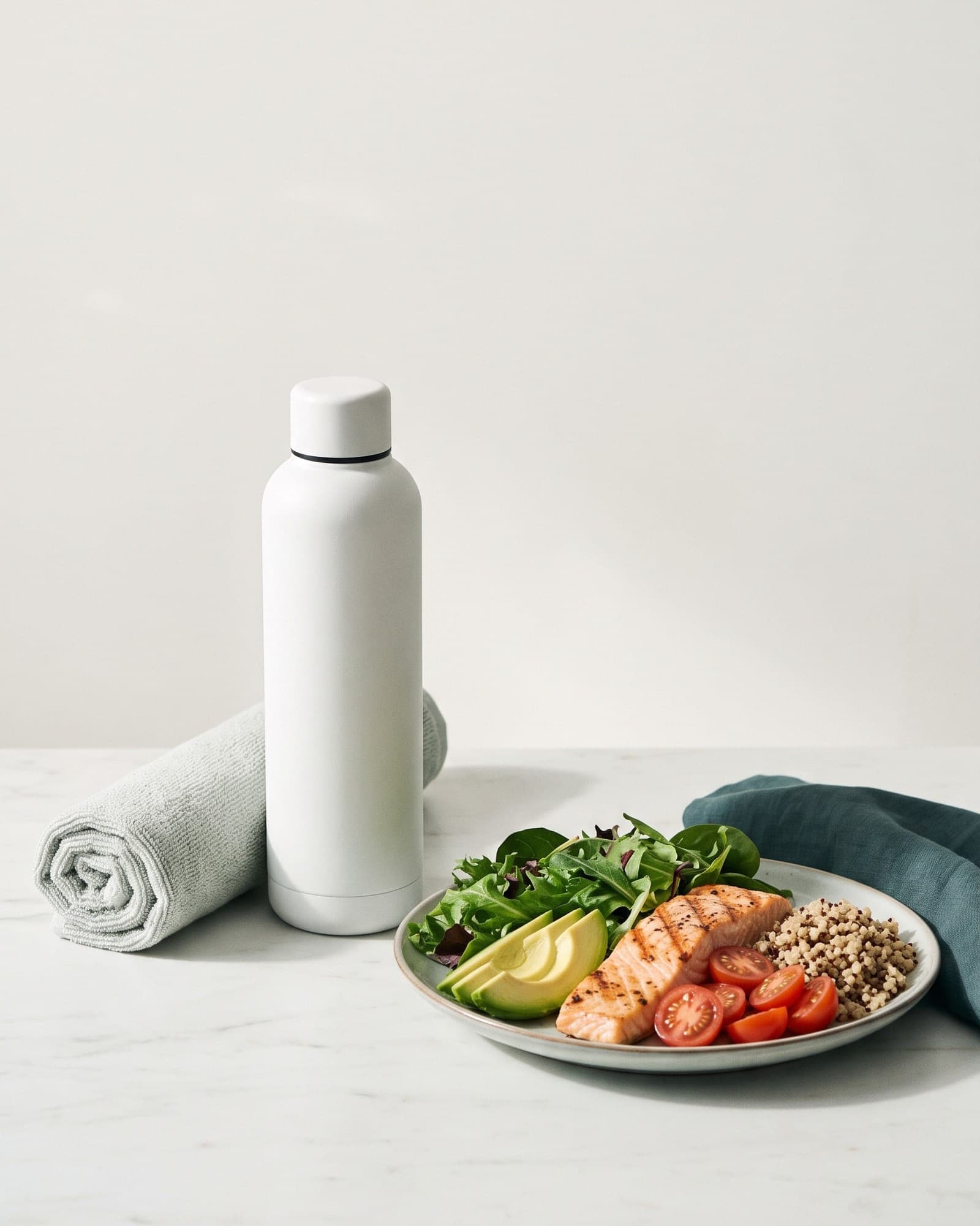 A blank water bottle, rolled towel, and balanced plate of fresh food on a pale stone surface.