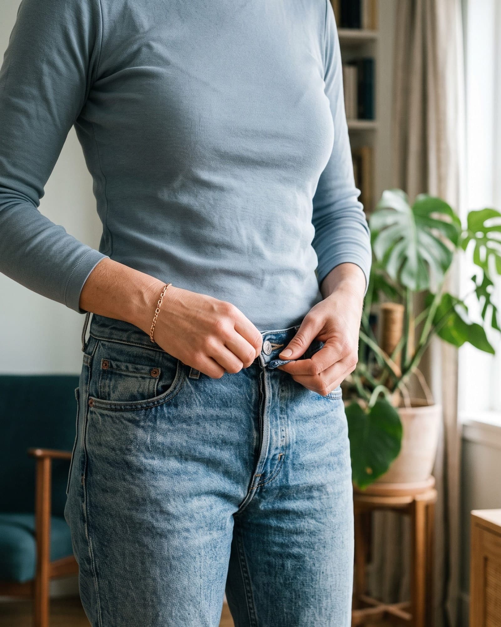 A close crop of a person comfortably fastening the button of their jeans at home.
