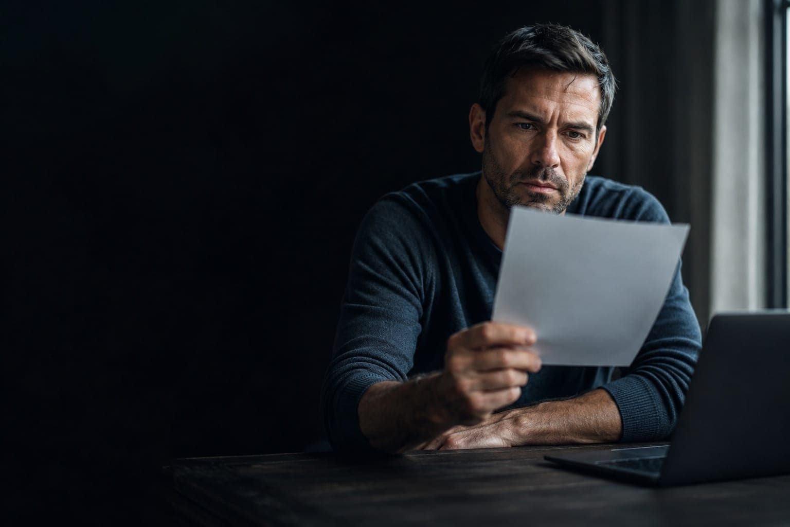 A man in his forties at a home desk reading a page intently, an open laptop turned away beside him.