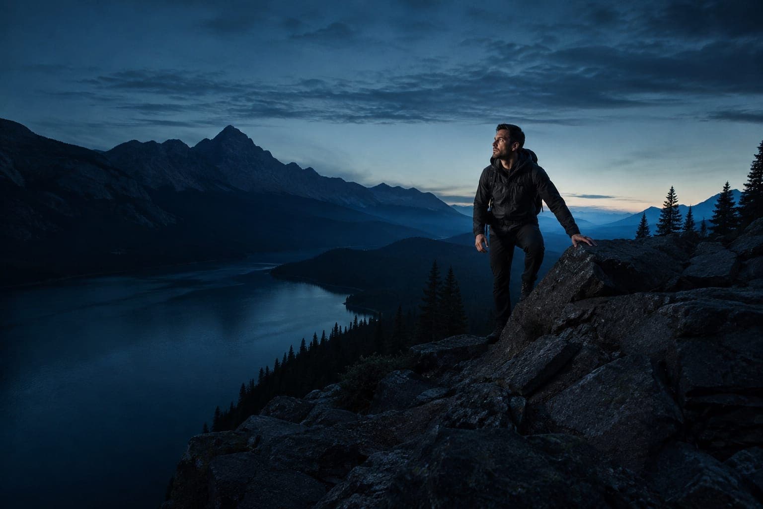 A man stepping up onto a rock ridge above a mountain lake at dusk, a pack on his back.