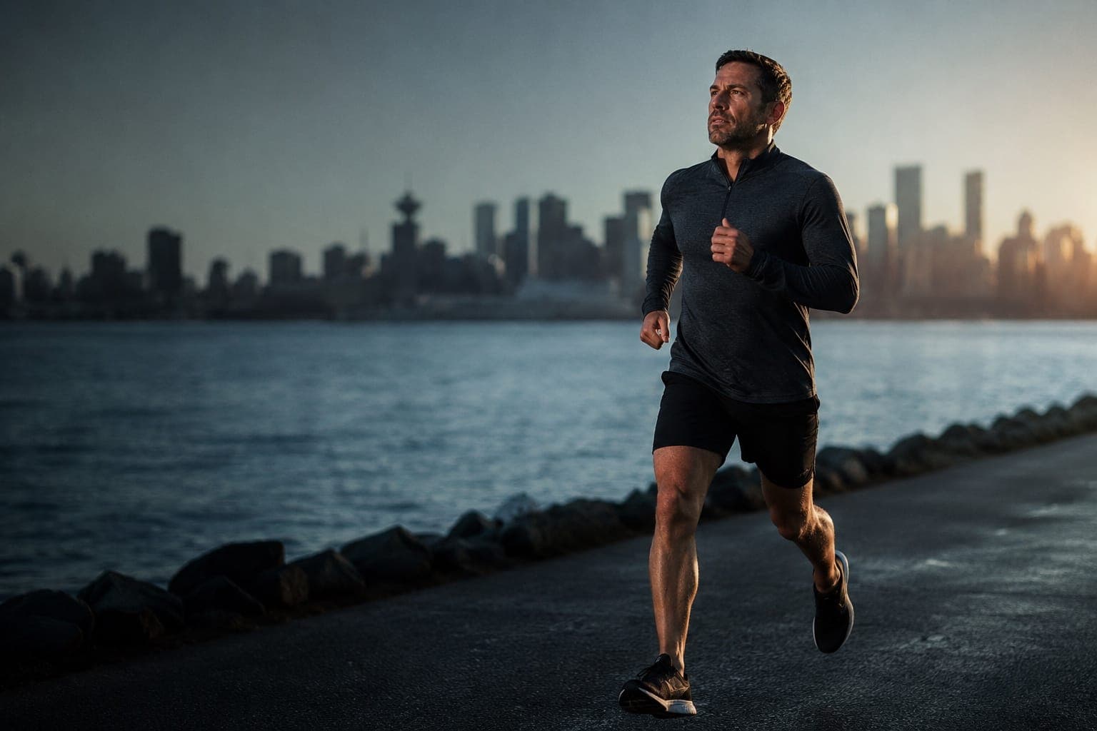 A man in his forties running along a waterfront path at sunrise, a city skyline soft behind him.