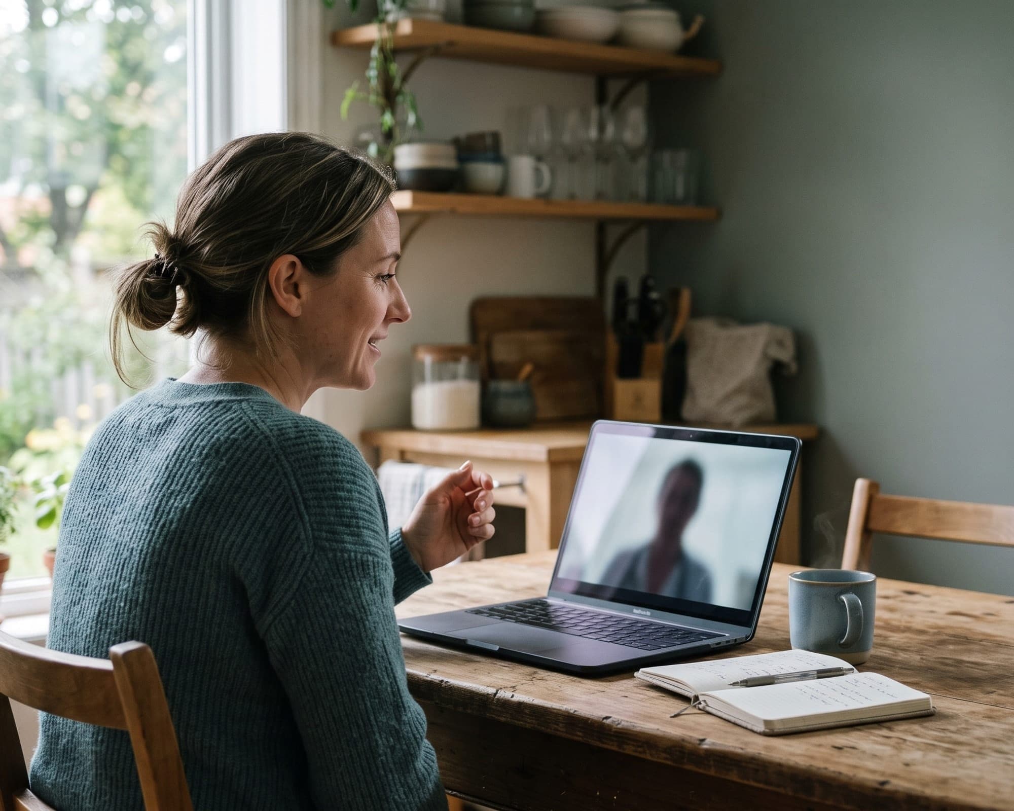 A woman on a video call with a practitioner, laptop open on her kitchen table.