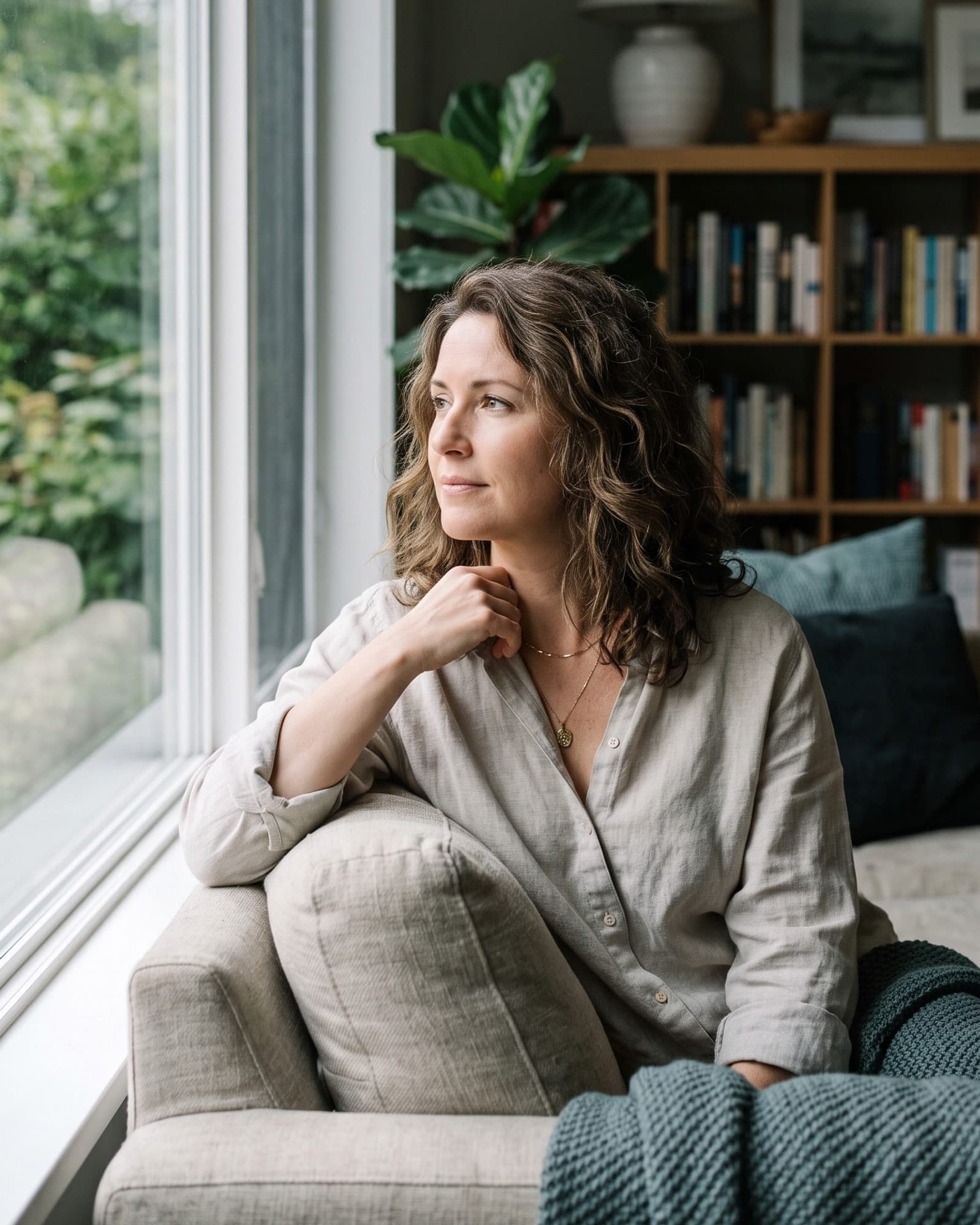 A woman in her forties sitting by a window at home, looking out at the light.